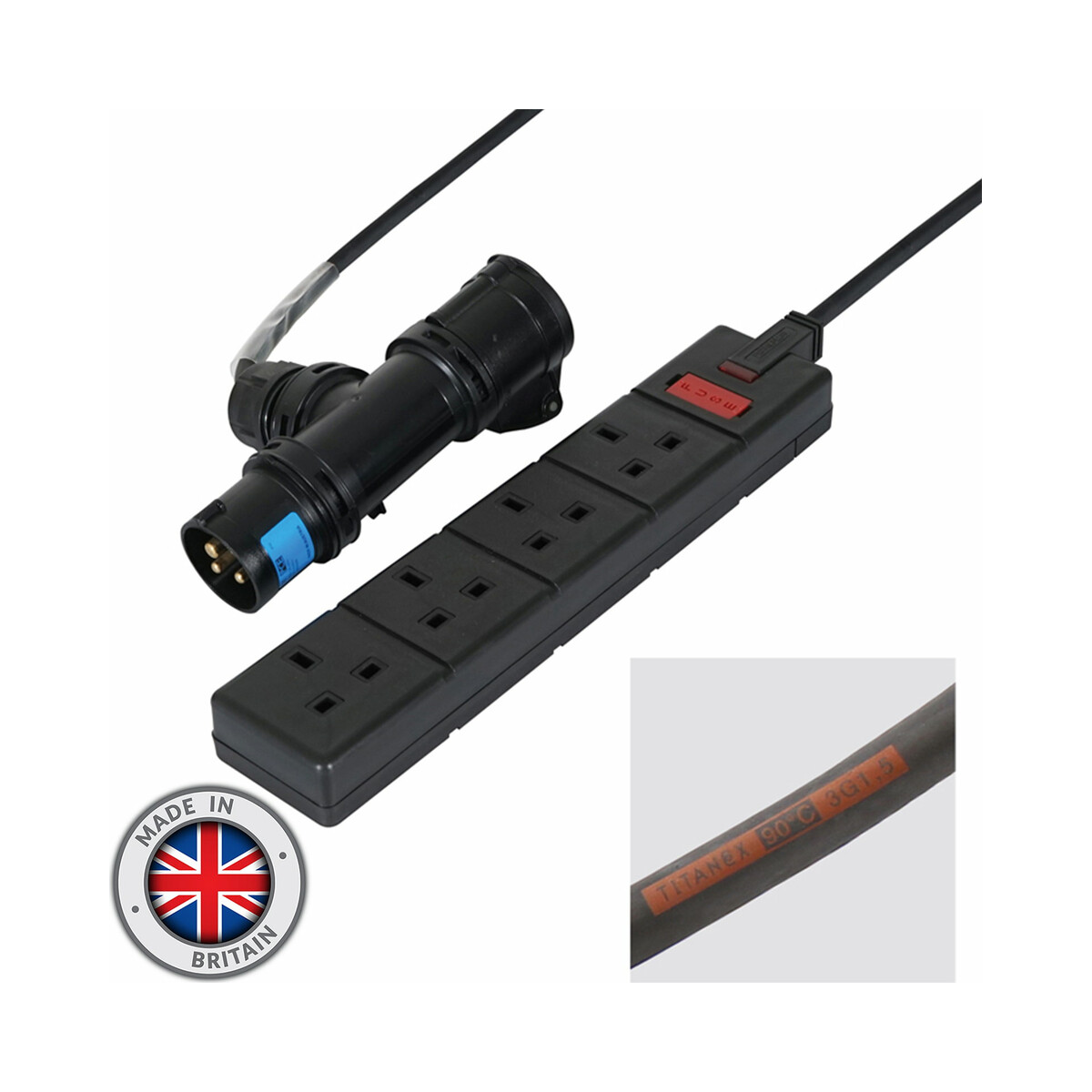 eLumen8 1m 16A T-Connect to 4 Way 13A Socket Cable catalogue image eLumen8 1m 16A T-Connect to 4 Way 13A Socket Cable